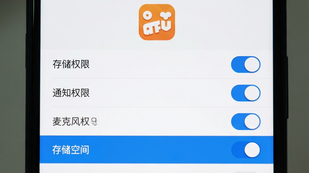 ���壺�ֻ�������ʾAcFunӦ������ҳ�棬�����洢Ȩ�ޡ�֪ͨȨ�ޡ���˷�Ȩ�޵�ѡ����֣�����չʾ����ҳ�棬�Ϸ�ΪӦ��ͼ�꣬�·�ΪȨ�޿��ء��Ű棺�б�ʽ���У�ÿ��Ȩ�����п��ذ�ť����񣺼����������ɫ������ϸ�ڣ�����״̬Ϊ��������ɫ��������һ�����洢�ռ䡱ѡ����������ʣ����壬�ɾ����޶���Ԫ�ء�