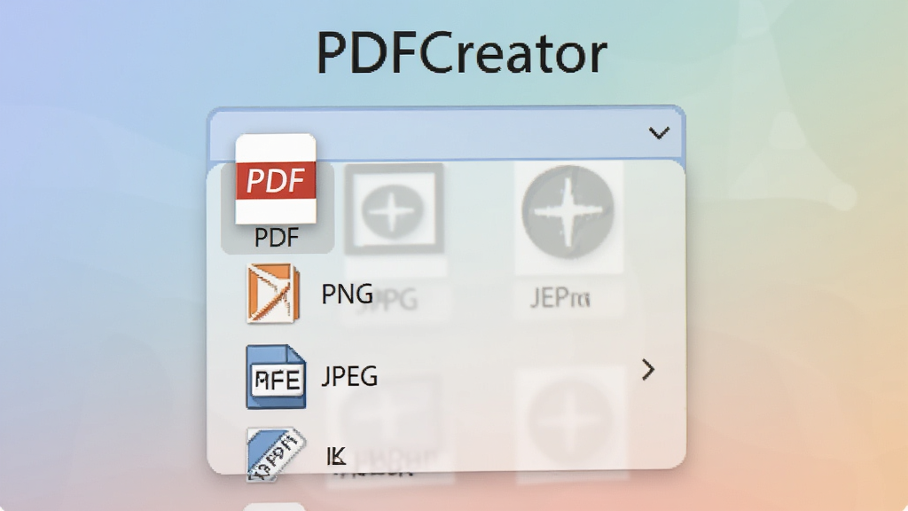 չʾPDFCreator�ĸ�ʽѡ��˵��������б�����PDF��PNG��JPEG��ͼ�꣬����Ϊ��͵Ľ���ɫ����ƽ����ƣ�ϸ�����������ʸɾ����޶���Ԫ�أ�������
