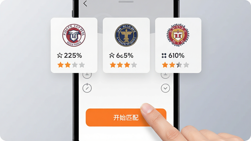 ����Ϊ�ֻ��ϵ�ɸѡ���棬��ָ���ڵ������ʼƥ�䡱��ť����Ļ�Ϸ��Կ�Ƭ��ʽ���������������Ƽ�ѧУ��Logo��ƥ��Ȱٷֱȡ����ֲ������Ĺ�ͼ������Ϊ��͵Ľ����ɫ������ƽ����ƣ���ɫ������ť��ϸ��չʾƥ����Ǳ꣬������ˬ�ɾ����޶���Ԫ��