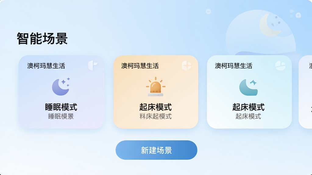 ���壺�Ŀ��������APP�ġ����ܳ���������ҳ�棬չʾ��˯��ģʽ������ģʽ���ȳ�����Ƭ��ÿ����Ƭ��ͼ��ͼ�����������֣�������Ƭ�������У��·��С��½���������ť���Ű棺������ˣ���ƬԲ����ƣ���ɫ��͡�����ִ���Լ������Ϊǳ��ɫ���䡣ϸ�ڣ���Ƭ�ϱ��С��Ŀ��������������������������ɼ������ʣ����壬�ɾ��޶���Ԫ�ء�