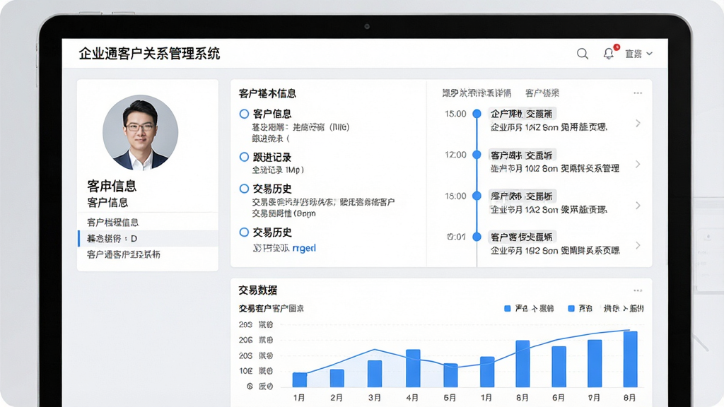 ���壺��ҵͨ�ͻ���ϵ����ϵͳ�Ŀͻ���������ҳ�棬��ʾ�ͻ�������Ϣ��������¼��������ʷ�����֣����ͻ�ͷ���������Ϣ���Ҳ�ʱ������ʽ�ĸ�����¼���·���������ͼ�����Ű棺��Ϣ������ȷ��ʱ����������������¼�Լ��ǳ��ɫ��������ɫǿ��ɫ��ϸ�ڣ��������֡���ҵͨ�ͻ���ϵ����ϵͳ��������ģ����ʵ�����ʣ����壬�ɾ����޶���Ԫ�ء�