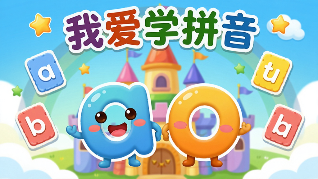 ��������Ϊ���Ұ�ѧƴ������ͨ��������������棬������һ�� smiling ��ƴ����ĸ��a���͡�o����ͨ���󣬱���Ϊ�ʺ�ɫ�Ǳ���Ư����ƴ����Ƭ�����ֲ������ĶԳƣ��Ű������죬���֡��Ұ�ѧƴ������Բ��ͯȤ�������ڶ���������ɫ���������ޣ�ϸ�ڰ���С���Ǻ��ƶ�װ�Σ����ʸ���ɾ����޶���Ԫ��
