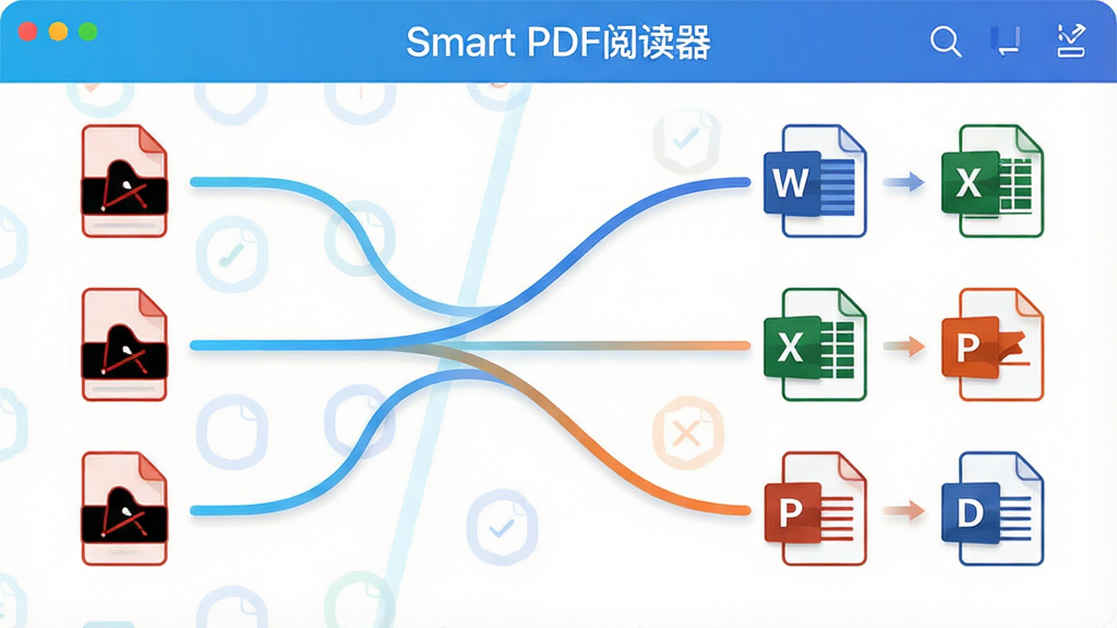 һ�Ź���չʾͼ�������ǡ�Smart PDF�Ķ������ĸ�ʽת�����ܽ��棬����г�PDF�ļ�ͼ�꣬�Ҳ���ʾת������Word��Excel��PPT���ļ���ʽͼ�꣬�м����������������ӣ�����������������ִ���ɫ�����죬���ʸɾ����޶���Ԫ�ء�