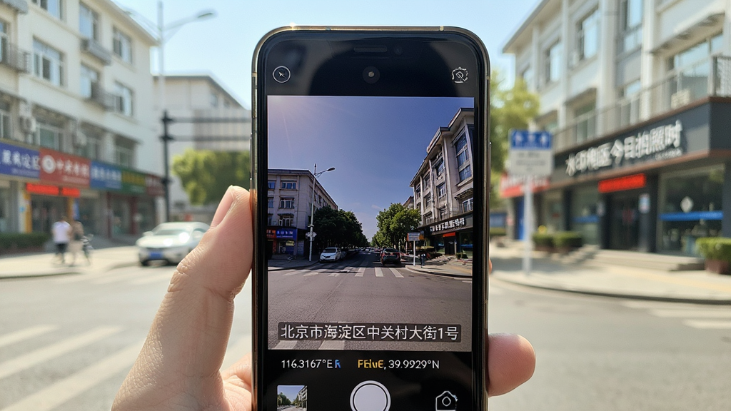 չʾ��ˮӡ�����������ʱ�䡱�ڻ�������ĳ������ֻ���Ļ����ʾһ�Ŵ��С������к������йش���1�š��͡�116.3167��E, 39.9929��N��ˮӡ����Ƭ����������ʵ�Ľֵ�������������㣬���������������Ȼдʵ����ͼƽ�ȣ����ʸ��壬�ɾ��޶���Ԫ��