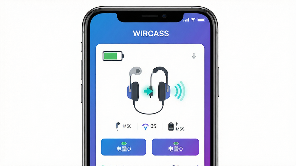 主体:WIRCASS软件界面展示,手机屏幕中显示耳机连接状态与电量信息。布局:居中构图,手机位于画面中央,四周留白。排版:界面元素清晰,电量图标与功能按钮有序排列。风格:现代科技感,蓝紫渐变背景,简洁扁平化设计。细节:屏幕中显示“WIRCASS”字样,耳机图形与连接动画。画质:高清渲染,干净整洁,无多余元素。