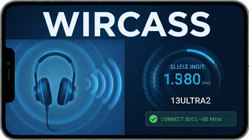 主体:WIRCASS软件连接界面,手机与耳机之间的蓝牙信号波浪线。布局:左右分区,左侧为耳机图标,右侧为连接状态详情。排版:大标题“WIRCASS”位于顶部,信号强度数值居中。风格:科技蓝主色调,圆形波纹动效。细节:耳机型号文本“13ULTRA2”,连接成功提示。画质:高清,干净,无多余元素。