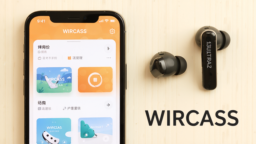 主体:手机屏幕显示WIRCASS应用使用场景,旁边放置一副蓝牙耳机。布局:左侧为手机,右侧为耳机,下方为文字“WIRCASS”。排版:简洁,主体突出。风格:明亮温馨,浅色背景。细节:耳机型号标识“13ULTRA2”。画质:高分辨率,干净,无多余元素。