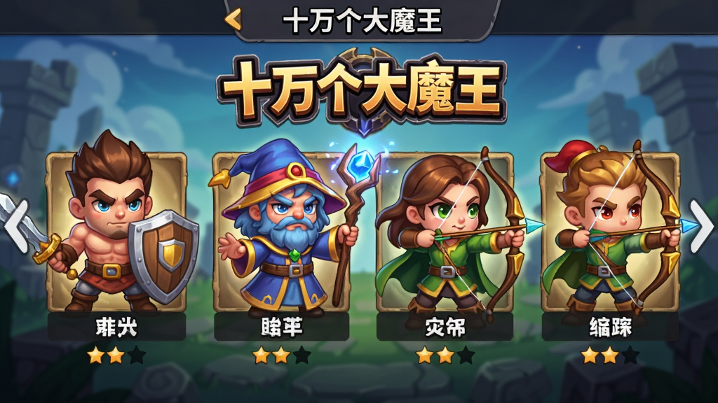 ���壺��ɫѡ����棬չʾһ�Ų�ְͬҵ��Q��Ӣ�����棬ÿ����ɫ�·������ֺ��Ǽ�������Ϊ��ʮ�����ħ������ϷLOGO�����֣���ɫ�������У�����չʾ�����һ����л�������Ϊ���������Ű棺����״�ֲ�����ɫ��Сͳһ����Ϣ��ǩ��������񣺿�ͨ����������Բ����ɫ�ḻ��ϸ�ڣ�սʿ�ֶܡ���ʦ���ȡ�������������ɫ������죬�ж�̬��ӰЧ�������ʣ��߾������棬�ɾ��޶���Ԫ�ء�