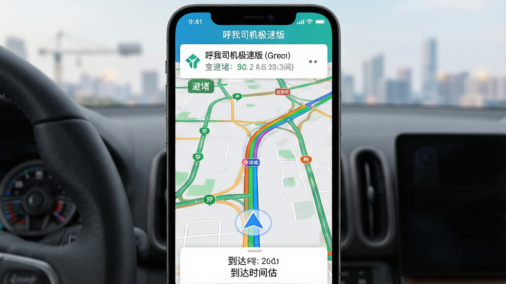 ���壺�ֻ���Ļ��ʾ������˾�����ٰ桱�ĵ������棬��ͼ����ʾʵʱ·����ɫ������������ͷ���������֣��ֻ����У���ͼռ����Ļ��������·����Ϣ�����Ű棺·��������ɫ��������Ϣ��ࣻ��񣺸ߵµ�ͼ���ɫ����ʵ��ϸ�ڣ��С��ܶ¡���ʾ��ǩ���ײ��е���ʱ��Ԥ��������ɾ������ʣ�������Ⱦ��ϸ�ڷḻ���޶���Ԫ�ء�