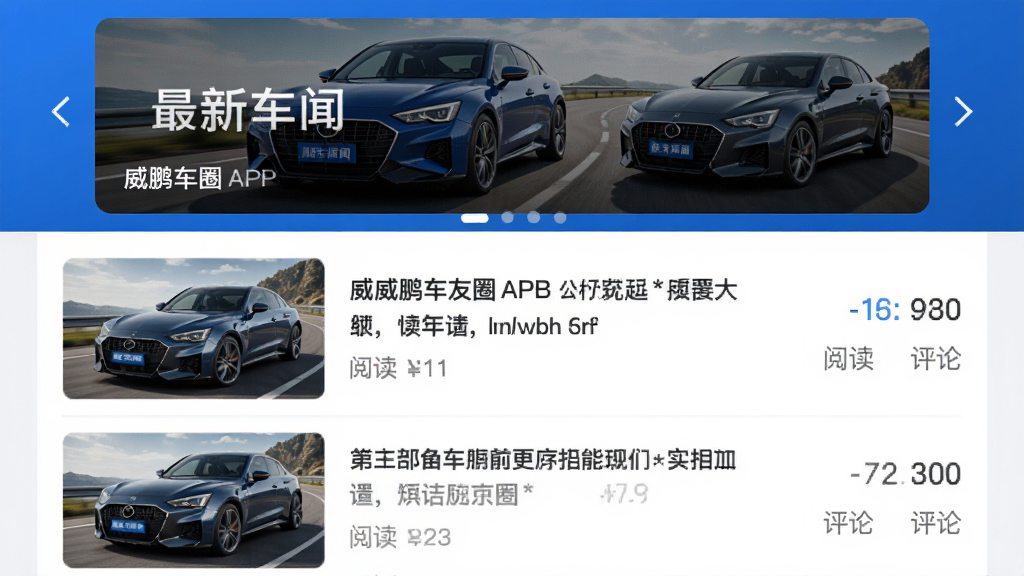 ��������ȦAPP����ѶƵ��ҳ�棬����Ϊ�ֲ�ͼչʾ���³��ţ��·�Ϊͼ���б���ÿƪ�������������ͼƬ���Ҳ���ʾ�Ķ������������������Ű����룬������ɫ�������רҵ�������������޶���Ԫ�ء�