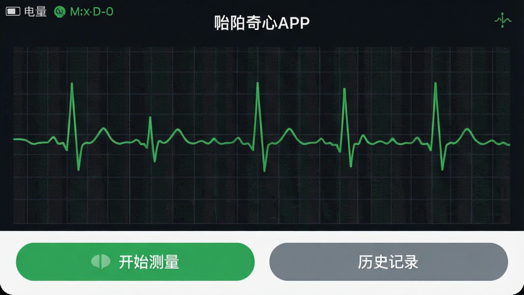 ���壺�������ĵ�APP���ĵ�ɼ����档���֣���������չʾʵʱ���Ƶ��ĵ粨��ͼ���·�Ϊ����ʼ�������͡���ʷ��¼����ť���Ű棺����ͼռ����Ļ��Ҫ���򣬰�ť���������ڵײ�����񣺼�������ҽ�ƽ������ϸ�ڣ�����ͼΪ��ɫ����������Ϊ��ɫ���񣬱��ڹ۲죬�������Ͻ���ʾ�������豸����״̬�����ʣ����壬�ɾ����޶���Ԫ�ء�
