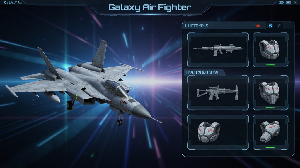 ս����װ���棬�����ʾս��3Dģ�ͣ��Ҳ���������װ�׵�ģ���λ�������С�Galaxy Air Fighter����ʶ�������ǿƼ��еĹ�Ч�����������ˣ���ϸ����Ⱦ�������������޶���Ԫ��