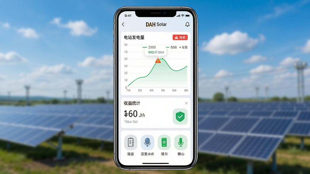 ����Ϊ�����ֻ���ĻչʾDAH SolarӦ�������棬��Ļ����ʾ��վ����������ͼ������ͳ���������豸״̬ͼ�꣬����Ϊ��������µĹ����վȫ��������Ϊ�ֻ����С���վ�����黯���Ű��࣬���дʵ������ϸ�ڰ�����Ļ�ϵ�����ͼ����澯��ʾ�����ʸ���ɾ����޶���Ԫ��