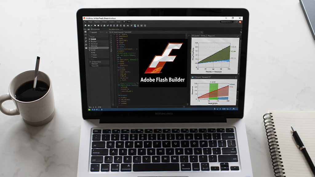 主体为“Adobe Flash Builder”软件在笔记本电脑上运行的实拍场景,屏幕中显示着带有数据图表的应用程序界面。布局为俯视角度,笔记本位于画面中央,周围环境为简洁的办公桌,有咖啡杯和笔记本。风格为写实摄影风格,细节上需要呈现屏幕中清晰的代码和图表,以及键盘上微弱的背光。画质以“Adobe Flash Builder”的标识作为屏幕壁纸的一部分,整体干净,无多余元素。