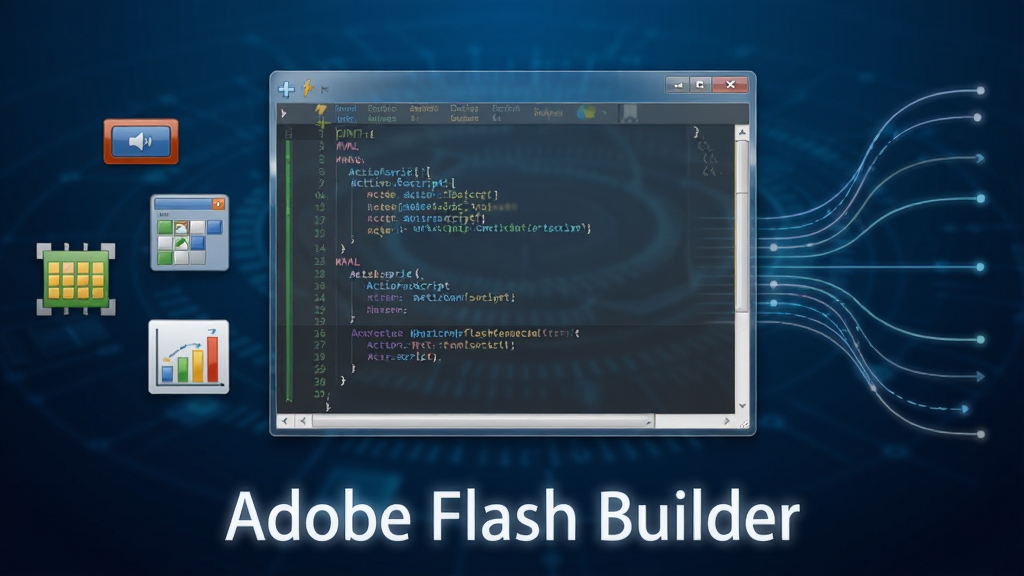 主体为“Adobe Flash Builder”软件启动画面,背景为深蓝色科技感渐变,前景展示一个半透明的代码编辑窗口框架,窗口内隐约可见MXML和ActionScript代码行。布局采用居中构图,画面左侧悬浮着多个彩色组件图标(如按钮、数据网格、图表),右侧有流畅的曲线连接线条,象征数据流与交互。整体风格现代、专业,细节包含软件名称“Adobe Flash Builder”字样以白色高光字体置于画面底部中央,画质高清,干净整洁,无多余元素。