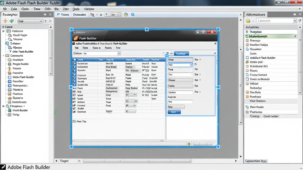 主体为“Adobe Flash Builder”的可视化编辑界面截图,布局分为左侧组件面板、中央画布设计区和右侧属性检查器。画布上放置了一个包含数据网格和多个表单控件的复杂界面示例。风格为清晰明亮的软件界面截图风格,细节上需要突出组件边框的高亮蓝色选中状态,以及属性面板中的文字标签。画面底部带有软件名称“Adobe Flash Builder”的标识,画质清晰,无多余元素。