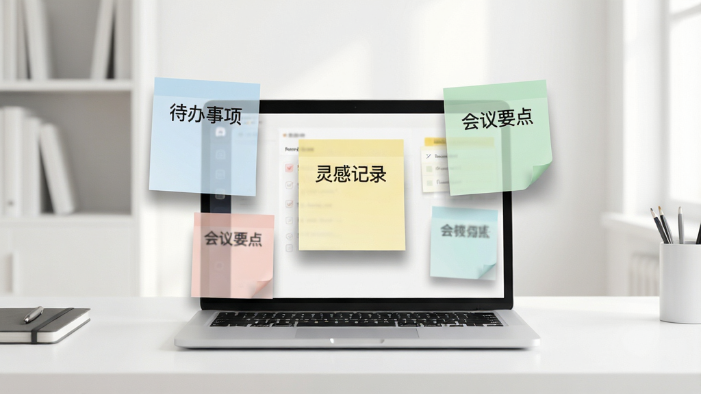 现代简约风格办公桌上,一台笔记本电脑屏幕前漂浮着多张色彩柔和的方形便签纸,每张便签上分别显示“待办事项”、“灵感记录”、“会议要点”等字样,便签纸半透明质感,带有微微的阴影,背景是干净明亮的书房,整体画面清新、整洁,突出“简贴”软件高效记录的核心功能,画质干净,无多余元素