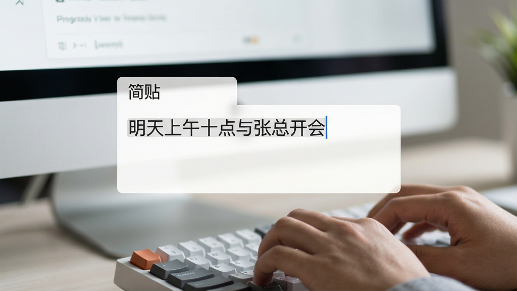 一张特写的电脑屏幕截图,屏幕中央是“简贴”软件的极简输入框,光标闪烁,旁边有一只手正在键盘上快速打字,输入框内已输入“明天上午十点与张总开会”,输入框设计简洁无边框,背景虚化,突出快速记录的特点,画面干净,画质高清,无多余元素