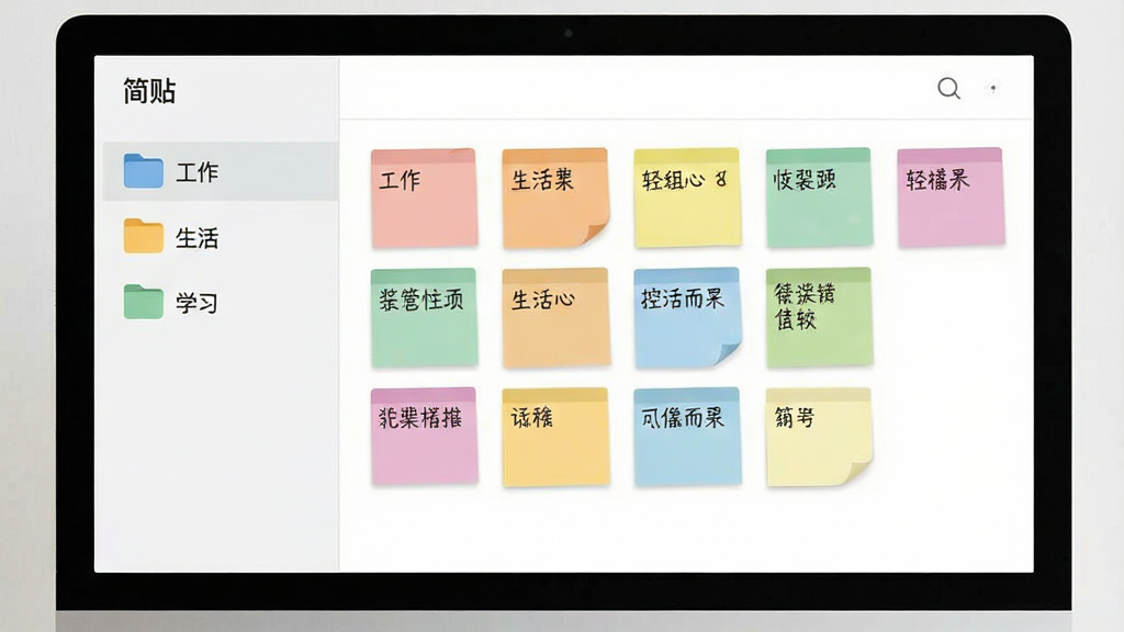 电脑屏幕展示“简贴”软件的分组管理界面,左侧边栏有“工作”、“生活”、“学习”等彩色分组文件夹图标,右侧展示着不同颜色的便签卡片,分别标记着不同的内容,界面布局清晰,色彩柔和,突出分类管理的整洁感,画面干净,无多余元素