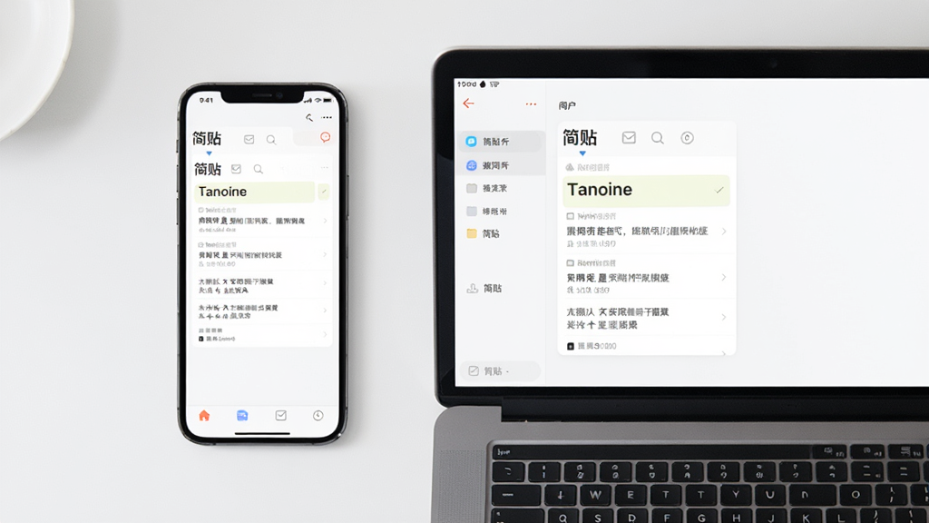 一张手机和一台笔记本电脑并排放置在桌面上的俯视图,手机屏幕和电脑屏幕均显示着“简贴”软件的便签列表界面,内容一致,体现多端同步功能,画面明亮整洁,突出数据无缝衔接的特点,画质干净,无多余元素