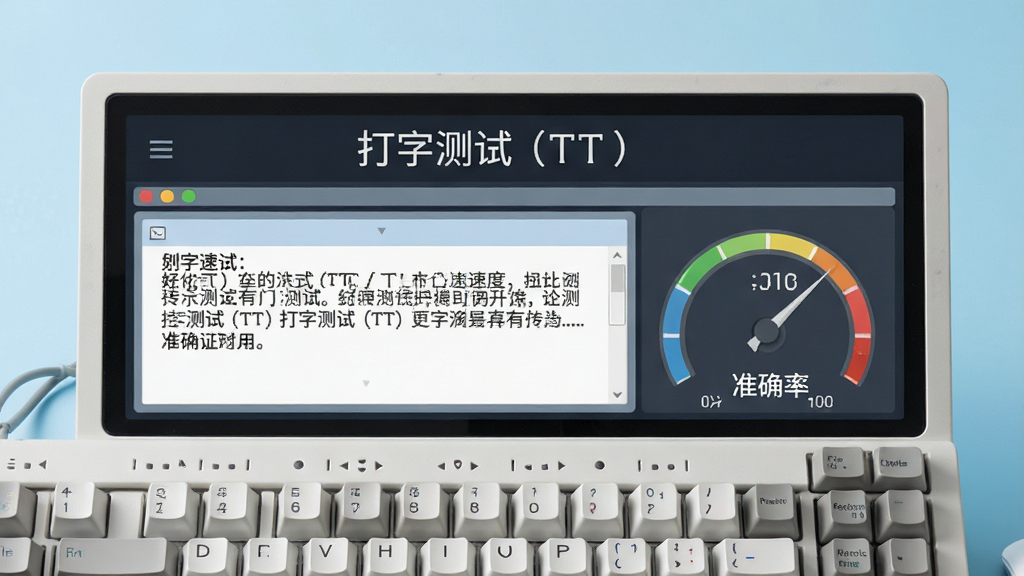 主体为电脑键盘特写,屏幕上方显示“打字测试(TT)”字样,界面布局清爽,左侧为测试文本区域,右侧为实时速度与准确率仪表盘,背景淡蓝色,扁平化设计风格,细节精致,画质干净,无多余元素。