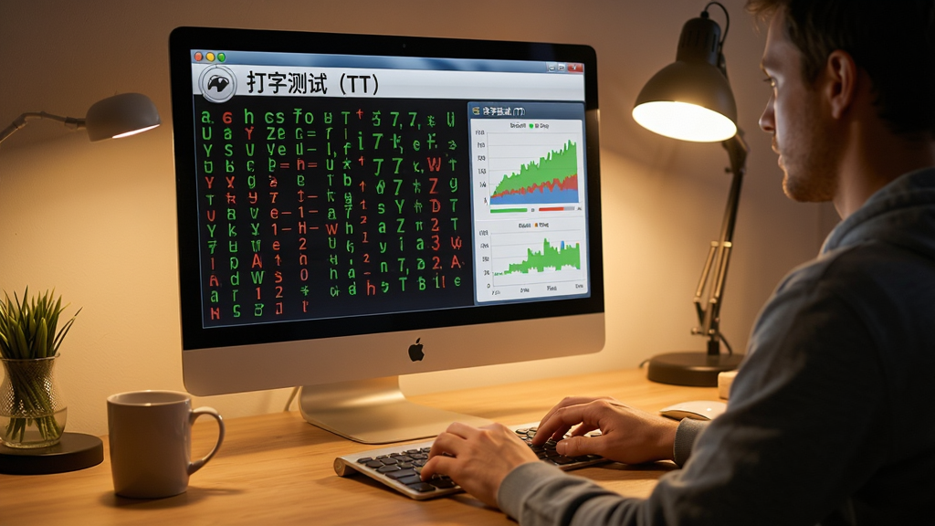 电脑屏幕前一位用户正在使用“打字测试(TT)”软件,界面显示绿色和红色字符,右侧统计图表清晰,桌面整洁,暖色调灯光,写实风格,细节丰富,画质细腻,无多余杂物。