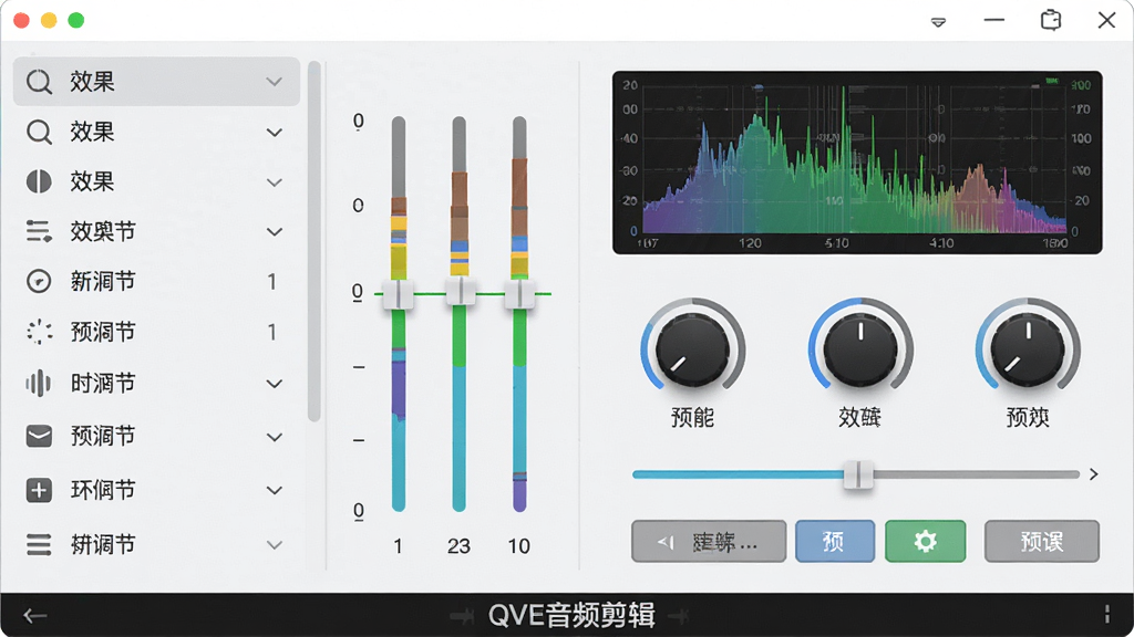QVE��Ƶ��������Ч������壬����Ϊ��������Ч�������棬�������ΪЧ���б����Ҳ�Ϊ������ť��Ԥ�谴ť�����Ϊǳɫ���磬ϸ�ڰ���Ƶ��ͼ�뻬�飬���������ɾ����޶���Ԫ�أ�����ײ���ʾ��QVE��Ƶ��������ʶ
