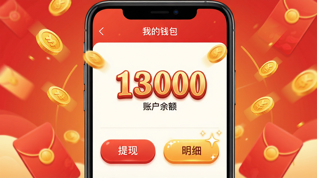 ���壺����APP�ĺ������ҳ�棬�ֻ���Ļչʾ���ҵ�Ǯ�������棬��ʾ�������ְ�ť�����֣����й�ͼ���Ϸ�Ϊ�˻�������֣��·�Ϊ�����֡��͡���ϸ��������ť�������н��Ʈ����Ч���Ű棺������Ŀ����ť��������������ࡣ���ϲ��ĺ�ɫ�ͽ�ɫ���䣬��ͨ�廭���ϸ�ڣ�����������������壬���ְ�ť������Ч���������к���ͽ��Ԫ�ء����ʣ�������Ⱦ��ɫ�����ޣ��ɾ��޶���Ԫ�ء�