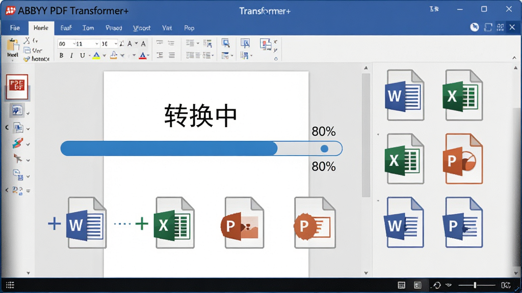 ���壺ABBYY PDF Transformer+ ת����༭����չʾ��������Ļ����ʾ���ڽ�PDFת��ΪWord�ĵ��Ĺ��̡����֣���Ļ����Ϊת�����������·�������ת����ʽͼ�ꡣ�Ű棺�������Ϸ��С�ת���С��������Ҳ�Ϊ��ʽͼ�����С���񣺼������磬��ɫ������ϸ�ڣ���������ʾ80%��ͼ�����Word��Excel��PPT�ȣ��������ơ�ABBYY PDF Transformer+����ʾ�ڴ��ڶ��������ʣ����壬�ɾ����޶���Ԫ�ء�