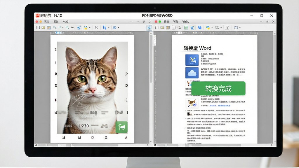 ���壺������ĻչʾPDFè����ת��ǰ��ĶԱȽ��棬���ΪԭʼPDF���Ҳ�Ϊת�����Word�ĵ������֣����ҷ����Աȣ�����չʾ��ԭЧ�����Ű棺���½ṹ���Ϸ�Ϊ���������·�Ϊ�ĵ�Ԥ���������дʵ���ɫ��������ϸ�ڣ���Ļ����ʾ��PDFèPDFתWORD���������ƣ��Լ���ת����ɡ���ʾ�����ʣ�ϸ�壬�ɾ����޶���Ԫ�ء�