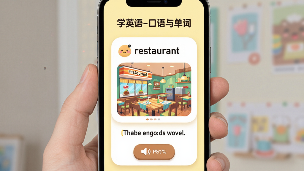 ���壺�ֻ�����չʾ��ѧӢ��-�����뵥�ʡ��ĳ������ʿ�Ƭ���硰restaurant�������ͼƬ�����֣���Ƭ���У��·�������ͷ�����ť������Ϊ����ɫ���Ű棺��ƬԲ����ƣ�����������ͼ��ɰ�����񣺿�ͨ��ƽ�磬ɫ�ʻ��ã�ϸ�ڷḻ�����ʸɾ����޶���Ԫ�ء�