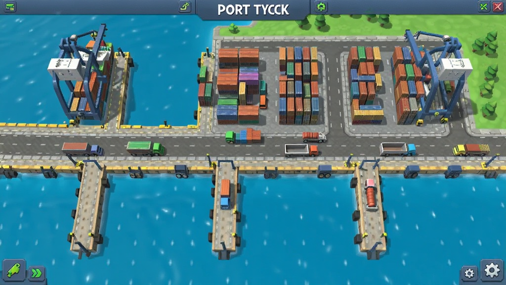 Port Tycoon�ۿڽ�����棬չʾ����Զ��岼�ֵĸۿڣ����������ͷ����ɫ��װ��ѳ������䳵��������Ϊ�ۿ����ͼ�����ֹ������Ű����򣬷��������ϸ�ھ��£���������������ɾ�