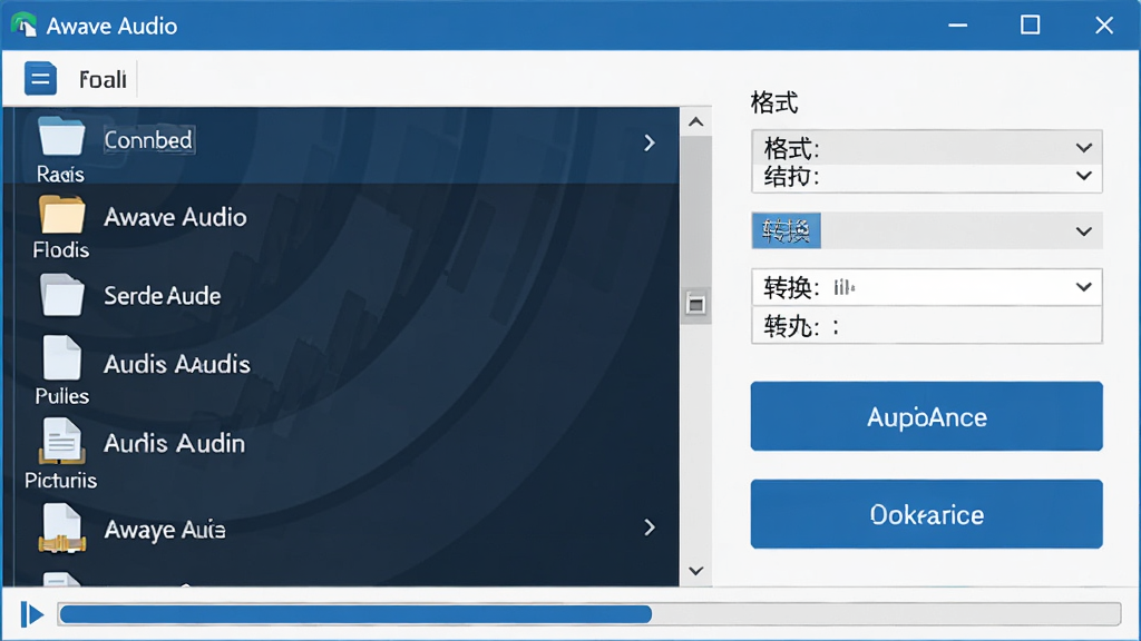���壺Awave Audio���������ͼ��չʾ��Ƶת��������塣���֣����Ϊ�ļ��б����Ҳ�Ϊ��ʽѡ����ת����ť���Ű棺����������ͼ�������ֱ�ǩ��ϡ�����ִ���ƽ����ƣ���ɫ����ɫ�Ͱ�ɫΪ����ϸ�ڣ����ڱ�����ʾ��Awave Audio�����ײ��н����������ʣ����壬�ɾ����޶���Ԫ�ء�