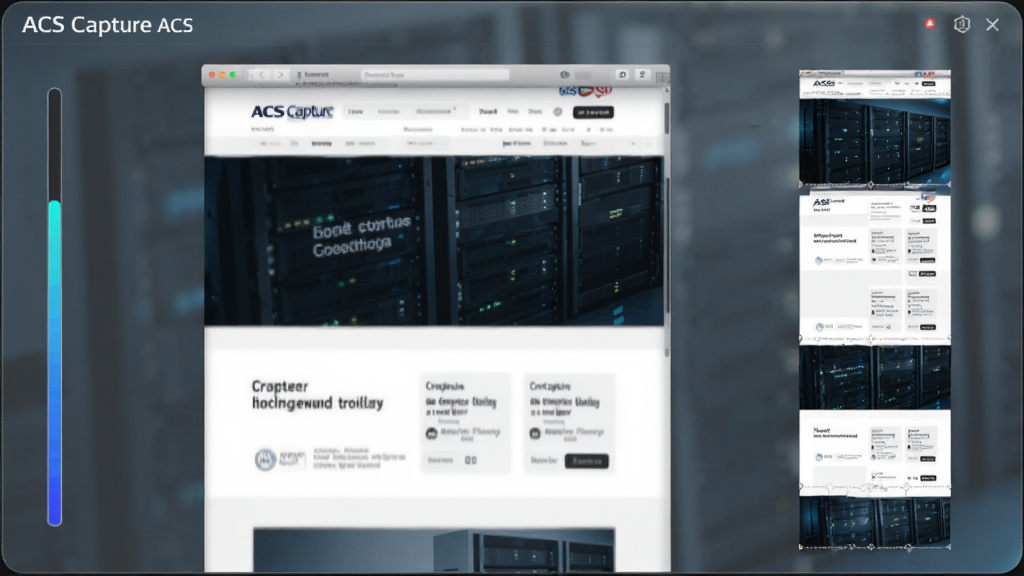 ACS Capture������ͼ����ʾ�⣬��Ļ����ʾһ������ҳ���ڱ��Զ�������ȡ������н�����ָʾ���Ҳ�չʾ��ƴ�ӵĳ�ͼ����ͼ�������͸��������࣬�Ƽ���ǿ�����ʸɾ����޶���Ԫ��