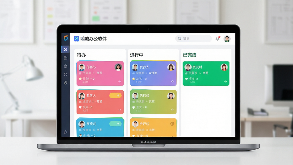 ���壺�ʼǱ�������Ļ��ʾŸŸ�칫���������񿴰���棬��Ϊ�����족���������С���������ɡ����У������в�ɫ����Ƭ�����֣�������Ļ���У������Ǽ��İ칫��ǽ�档�Ű棺��Ļ��������չʾ������Ƭ��ɫ���졣��񣺱�ƽ����Ʒ��ɫ�����졣ϸ�ڣ��������Ͻ��С�ŸŸ�칫������Logo������Ƭ�и�����ͷ�񡣻��ʣ����壬�ɾ����޶���Ԫ�ء�