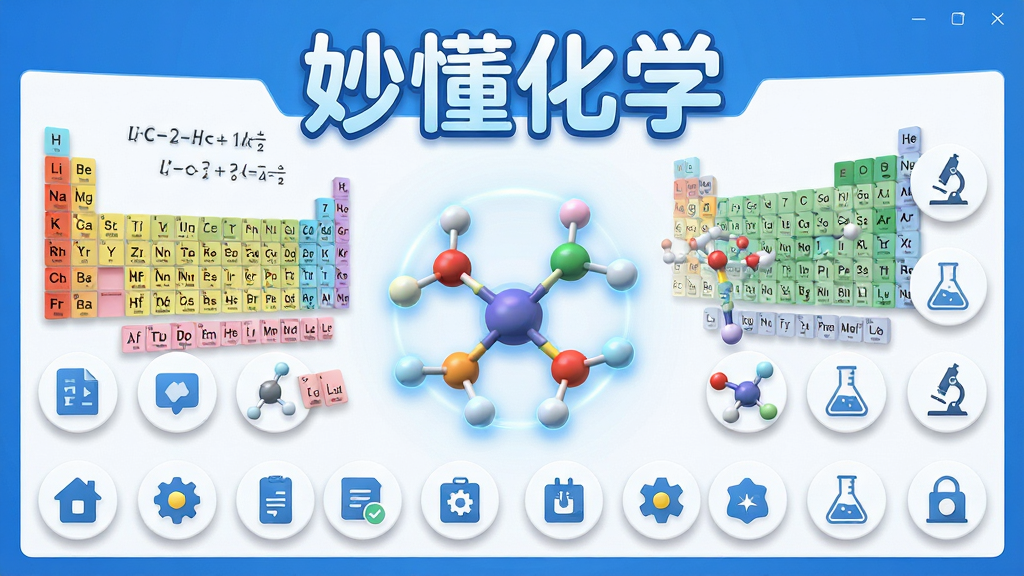 主体:妙懂化学软件界面展示,中央是彩色分子结构模型,周围环绕元素周期表、化学方程式和实验器材图标,整体采用蓝白科技感色调,干净明亮;布局:居中对称,软件名称“妙懂化学”以醒目艺术字置于顶部,下方为功能图标矩阵;排版:扁平化设计,图标排列整齐,留白充足;风格:现代简约,学术与科技融合;细节:分子模型带光效,图标阴影柔和;画质:高清渲染,干净,无多余元素