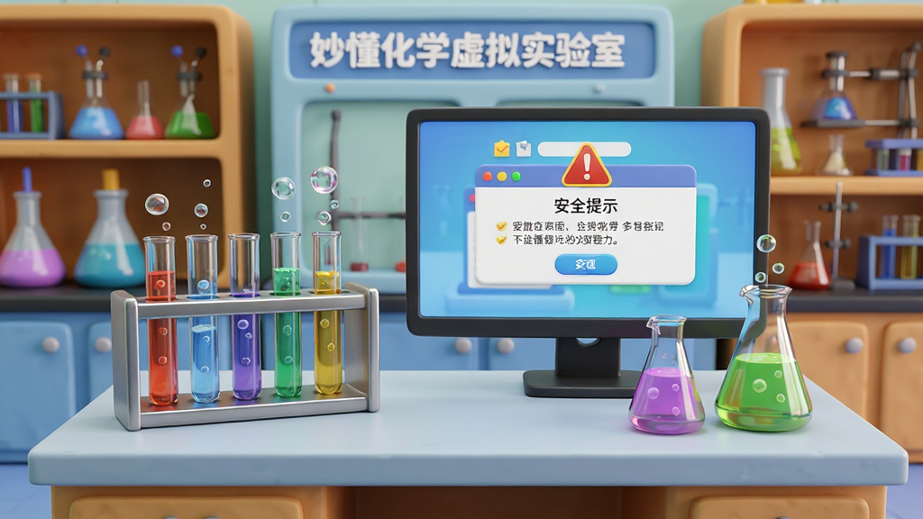 主体:妙懂化学虚拟实验室场景,一个试管架上有各种试管,烧杯中有彩色液体,屏幕显示“安全提示”弹窗;布局:实验室操作台居中,背景是实验器材架;排版:仿真3D场景,视角可旋转;风格:写实卡通风格,色彩鲜艳明亮;细节:液体有气泡效果,仪器有金属质感,弹窗有警告图标;画质:高质量渲染,干净,无多余元素