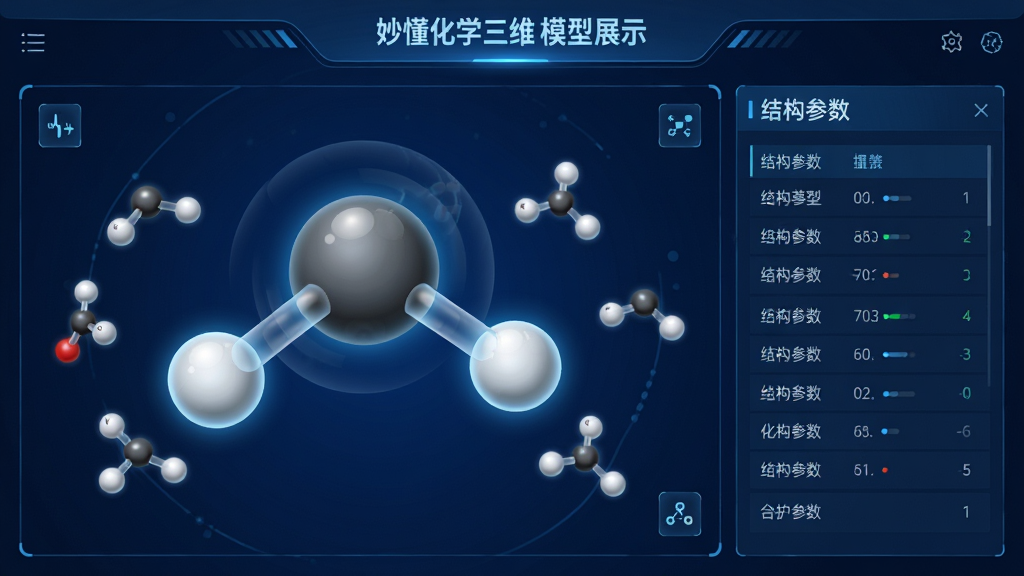 主体:妙懂化学三维分子模型展示,一个放大的水分子模型正在旋转,周围有多个小分子模型排列;布局:左侧为分子模型交互区,右侧为结构参数面板;排版:上下结构,上方是标题栏,下方是模型区域;风格:科技感UI,深蓝色背景搭配发光原子球;细节:原子球体有高光反射,连接键为半透明圆柱,界面有操作提示图标;画质:超清渲染,干净,无多余元素