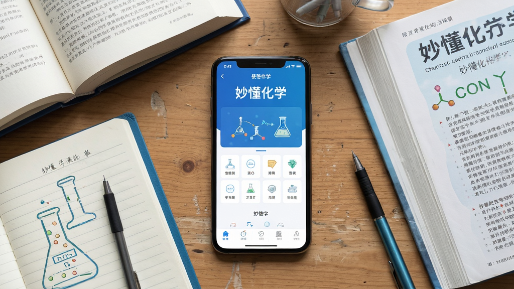 主体:妙懂化学使用场景,一部手机显示软件主界面,旁边放着笔记本和化学课本,背景是书房桌面;布局:手机居中,周围有书籍和文具;排版:俯视角度,主体突出;风格:生活化写实风格,自然光;细节:手机屏幕上有“妙懂化学”字样,界面清晰,桌面整洁;画质:高清,干净,无多余元素
