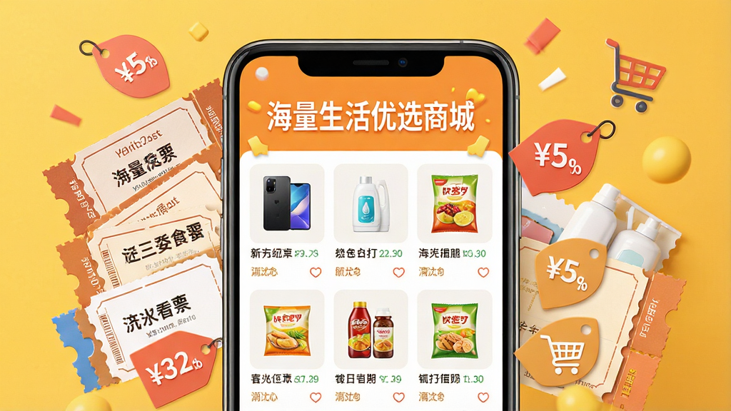 һ��չʾ��������APP�̳ǹ��ﳡ����ͼƬ���������ֻ���Ļ��չʾ��Ʒ�б����������Ӳ�Ʒ������Ʒ��ʳƷ��ͼƬ����Ļ�Ϸ��С�����������ѡ�̳ǡ��������ֻ���Χɢ�����Ż�ȯ���ۿ۱�ǩ�����ﳵͼ�꣬����Ϊů��ɫ����������ã���ͼ������ϸ�ڷḻ�����ʸɾ����޶���Ԫ��