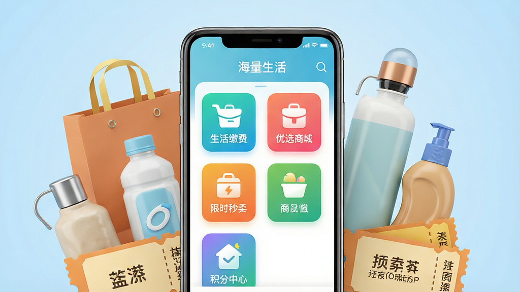 һ��չʾ��������APP���Ĺ��ܵĳ���ͼ������������һ�������������ֻ�����Ļ��������ʾ���������Ӧ�ý��棬��������ɷѡ���ѡ�̳ǡ���ʱ��ɱ���������ĵȲ�ɫ����ͼ�꣬�ֻ���Χ�����Ź������������Ʒ���Ż�ȯ��Ԫ�أ�����Ϊ��͵�ǳ��ɫ���䣬���岼�ּ�����죬����ִ����£�ϸ�ڷḻ�����ʸɾ����壬�޶���Ԫ��