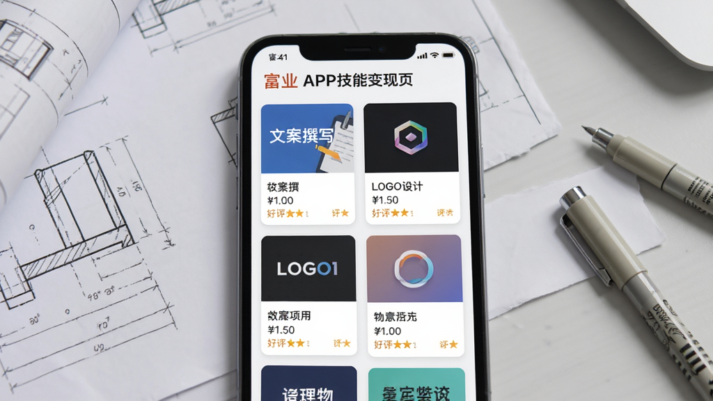 ��������Ϊ��ҵAPP���ܱ���ҳ�棬��Ļ��չʾ���������Ŀ��Ƭ���硰�İ�׫д����LOGO��ơ��ȣ�����Ϊǳ��ɫ����̨��������ͼֽ���ֻ�ʣ����ֲ����ٲ�����ʽ�����רҵ���ȣ�ϸ�ڰ�������۸�ͺ����ʣ�����ϸ�壬�޶���Ԫ��