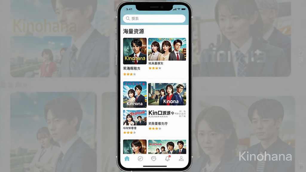���壺KinohanaӦ�ý���չʾ��������Դ��ҳ�棬�б�������ʾ����Ӱ�Ӿ���档���֣������ֻ����棬�б����ϵ������У�ÿ���������������֡��Ű棺��Ϣ�㼶����������ͼ��Сһ�£�������������񣺼��������ɫ�ʷḻ�������ҡ�ϸ�ڣ��������������ײ�����������Ļ���С�Kinohana��ˮӡ�����ʣ����壬�ɾ����޶���Ԫ�ء�