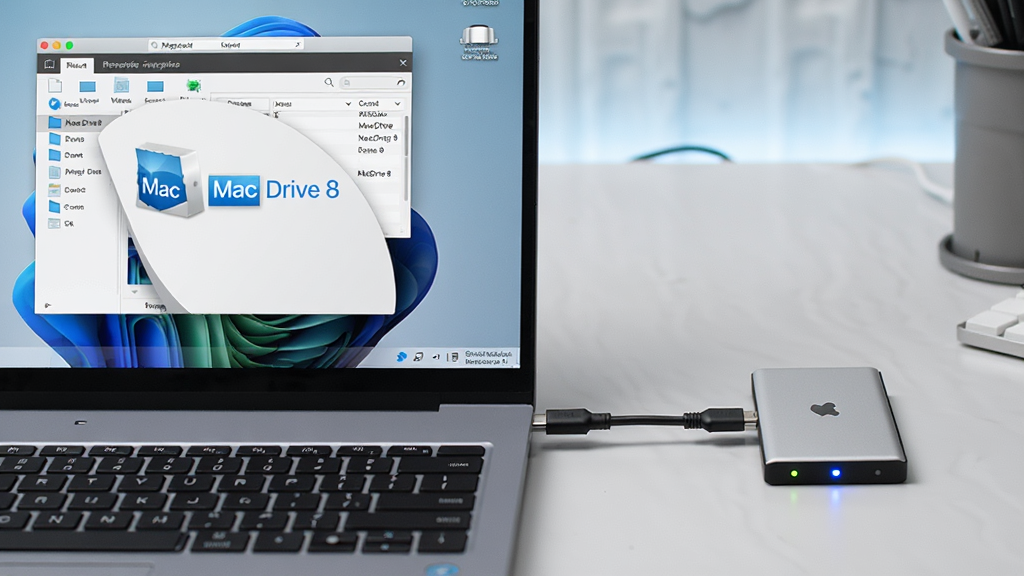 ���壺һ̨����Windows 11�ıʼǱ�������һ��Mac��ʽ���ƶ�Ӳ����������Ļ����ʾ���̹������棬������ע��MacDrive 8�����������֣�����λ����࣬Ӳ��λ���Ҳ࣬�м������������ӣ�����Ϊ������̨���Ű棺ͻ���������棬UI����ִ�����񣺿Ƽ��У��������ȣ�רҵ��ϸ�ڣ�Ӳ��ָʾ�����𣬽�����ʾ�ɶ�д���ļ��б������ʣ�8K���ɾ����޶���Ԫ�ء�