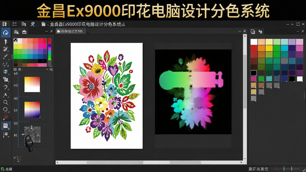 ���壺���Ex9000ӡ��������Ʒ�ɫϵͳ�������棬չʾ��ɫ��ƹ���̨������ɫ�顢��ɫͼ�㡢�����������֣���������У���๤�������Ҳ�ɫ�壬�ײ�״̬�����Ű棺����ֱ�ۣ�ͼ���������С����רҵ��ҵ�磬��ɫ������������ʾ�������ơ����Ex9000ӡ��������Ʒ�ɫϵͳ����ϸ�ڣ���Ļ����ʾ��ɫӡ��ͼ�����ɫͨ��Ԥ�������ʸ��壬�ɾ��޶���Ԫ�ء�
