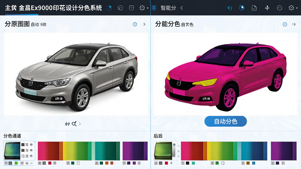 ���壺���Ex9000ӡ��������Ʒ�ɫϵͳ�����ܷ�ɫ���棬չʾ�Զ���ɫǰ��ĶԱ�Ч�������֣����ҷ��������ԭͼ���Ҳ��ɫ������ײ���ʾ��ɫͨ���б����Ű棺�Ա���������ɫͨ��ɫ����������������������Ƽ��С�ϸ�ڣ�ԭͼɫ�ʷḻ����ɫ�����ɫͨ��������ʾ����ע���Զ���ɫ����ť�����ʸɾ���