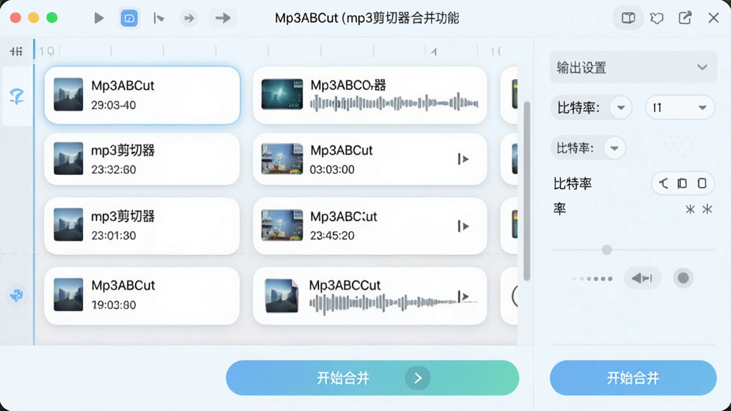 ���壺Mp3ABCut��mp3���������ϲ����ܽ��档 ���֣������Ƶ�ļ���˳�������ڹ���ϣ��Ҳ������������塣 �Ű棺����Կ�Ƭʽ�������У��ײ�Ϊ����ʼ�ϲ�����ť�� �������ǳɫ������Բ�ǿ�Ƭ�� ϸ�ڣ�ÿ����Ƭ��ʾ�ļ�����ʱ���������������ʾ������ѡ� ���ʣ����壬�ɾ����޶���Ԫ�ء�
