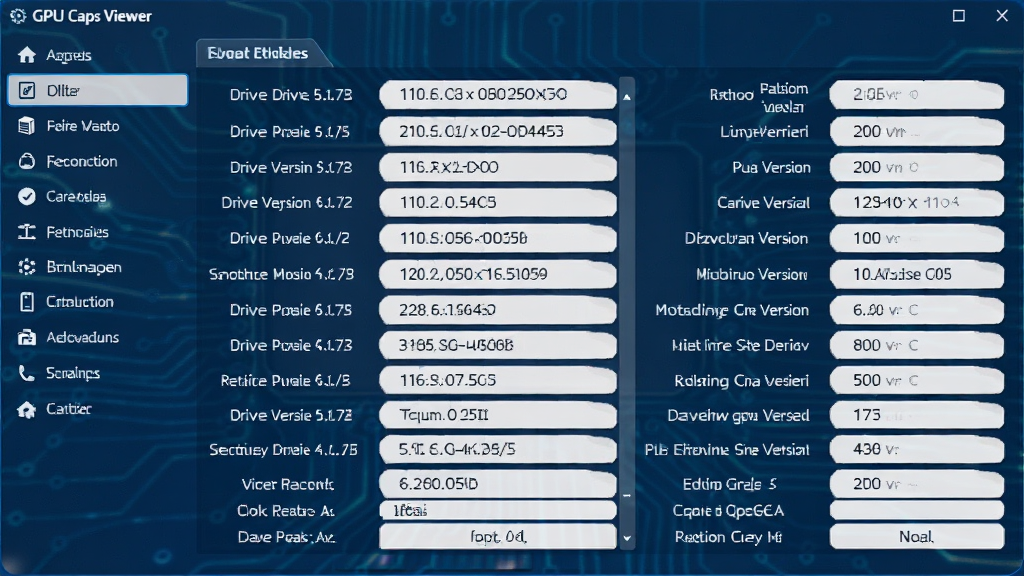 GPU Caps Viewer�����������ͼ����ʾ�Կ��ͺš������汾���Դ��С�Ⱥ��Ĳ����б������沼�ּ�࣬���Ϊ���ܵ������Ҳ�Ϊ��ϸ��Ϣ��壬������Ƽ���ʮ�㣬��ɫ������ɫ�Ͱ�ɫΪ���������������������ʸɾ��޶���Ԫ�ء�