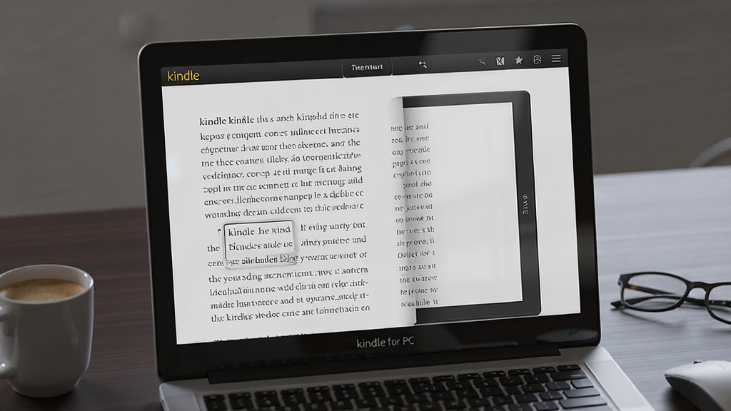 ���壺һ̨����Kindle for PC�ıʼǱ�������Ļ��д����Ļ��չʾ�ŵ������Ķ����棬�������������ֺͷ�ҳ���������֣����Ծ��У���Ļ������Ϊ�Ӿ����㣬��Χ�Ǽ�����ɫľ�����棬���ܷ���һ�����Ⱥ�һ���۾����Ű棺��Ļ�ϵ��鼮������ʾΪ�����ĳ������壬���涥����Kindle��Logo�Ͳ˵����������ʵ��3D��Ⱦ�������Ȼ�⣬Ӫ�찲��רע���Ķ���Χ��ϸ�ڣ���Ļ��Ե����΢�ķ���⣬���̺�����������֣����廭��ɾ����ࡣ���ʣ�8K�����壬ϸ�ڷḻ��ɫ�ʻ�ԭ׼ȷ������ɾ����޶���Ԫ�ء�