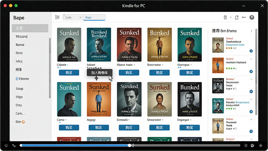 ���壺Kindle for PC���������ͼ���չʾ����Ļ��չʾ�ŵ������̵�ҳ�棬���鼮��������ͼ�͡����򡱰�ť�����֣���������Ƿ��ർ�������м����鼮���������Ҳ����Ƽ������Ű棺���������������鼮�����������룬ɫ�ʷḻ����񣺱�ƽ��UI��ƣ��ִ���࣬��������������ϸ�ڣ��������ͣ��ĳ�����ϣ���ʾ�����빺�ﳵ����ʾ����Ļ�·��й����������ʣ�����ʸ����������ɾ���ɫ�ʱ��ͣ������������޶���Ԫ�ء�